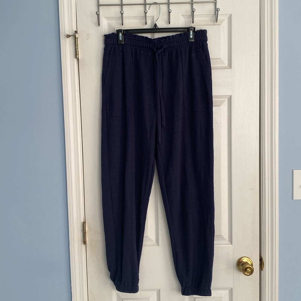Navy blue linen like paper bag waist pants size large